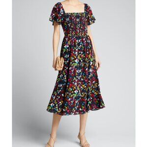 Tanya Taylor Glenda Floral 100% Silk Smocked Midi Dress SMALL